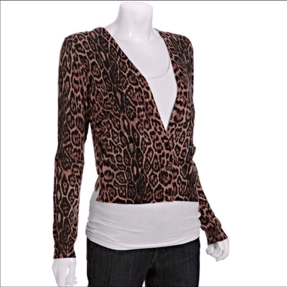 BCBG Brown Leopard Print V-neck Knit Cardigan XXS